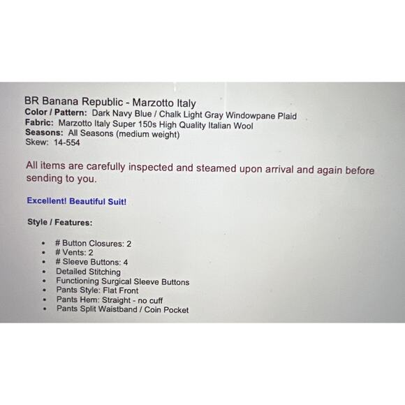 BR Banana Republic Mens 40L 36x31 Slim Navy Blue Plaid Suit Super 150s Italy - Picture 2 of 16